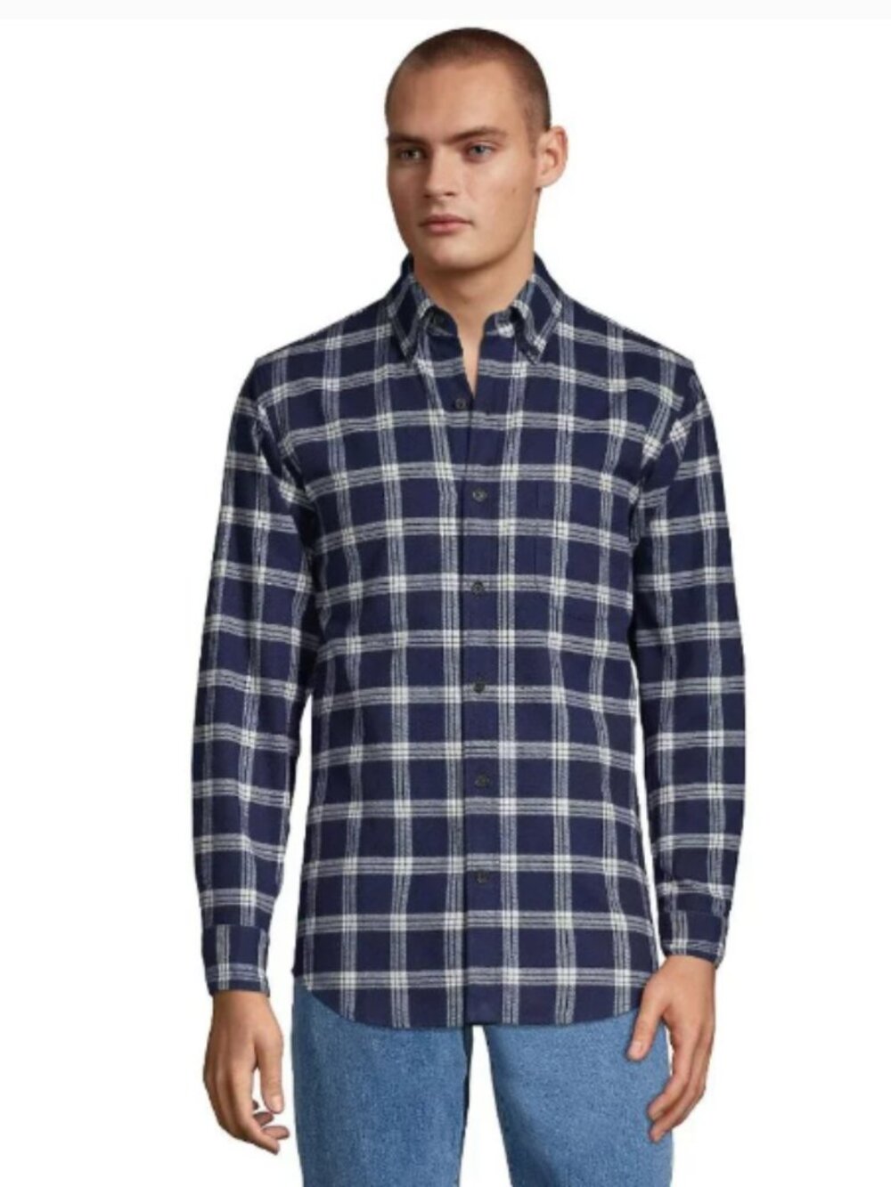 Lands End Men's Flagship Flannel Plaid Button Down Shirt in Navy & White XL Tall